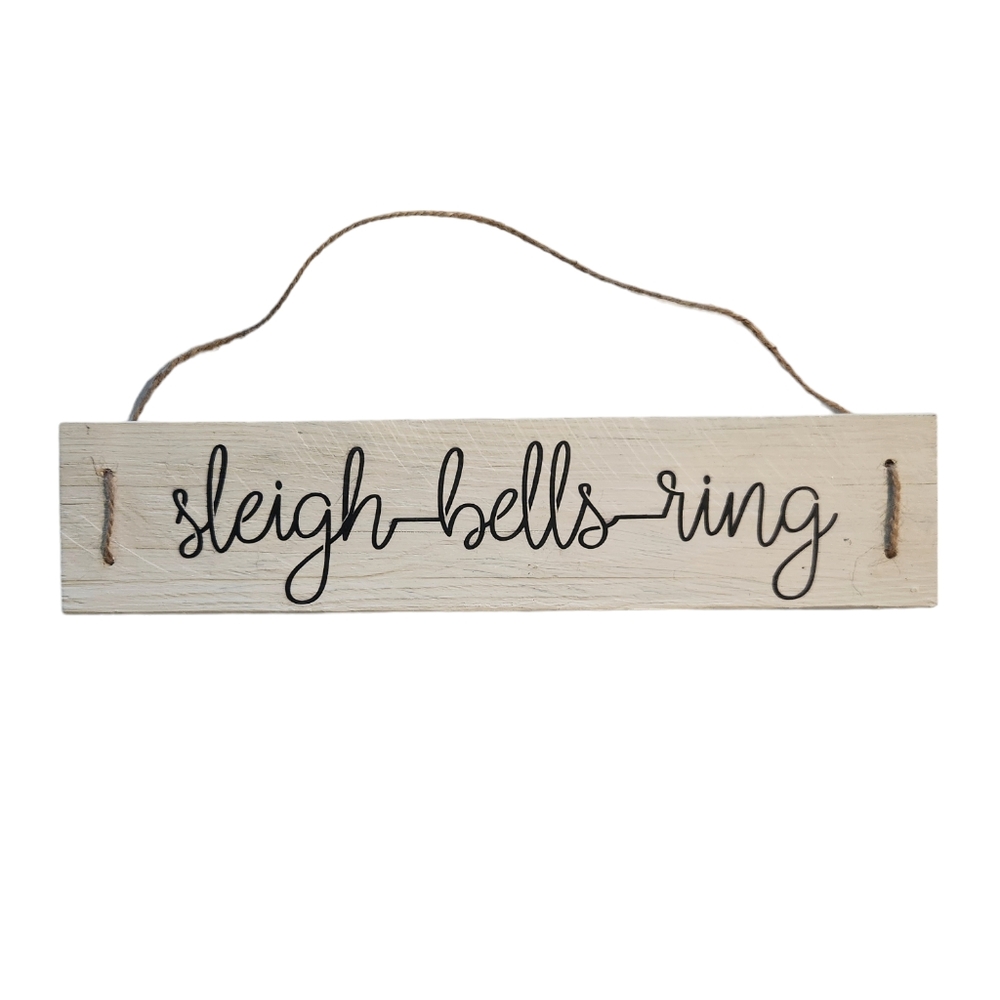Sleigh Bells Ring Boho Antique White Hanging Wood Wall Sign with Jute Decor